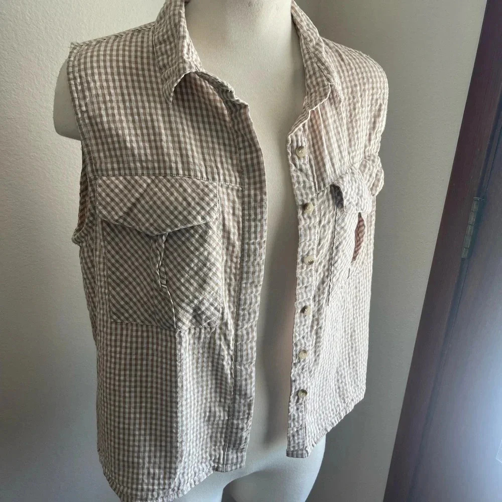 Sim & Sam button down sleeveless top large tan and white gingham print cotton